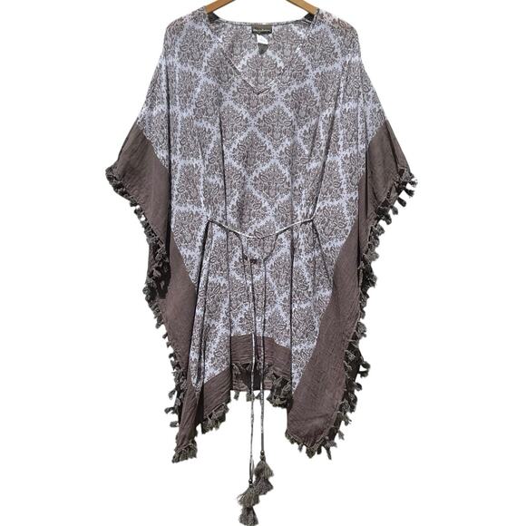 TOMMY BAHAMA Women’s Boho Brown and White Tassel Tie Cover Up Poncho - Picture 1 of 3